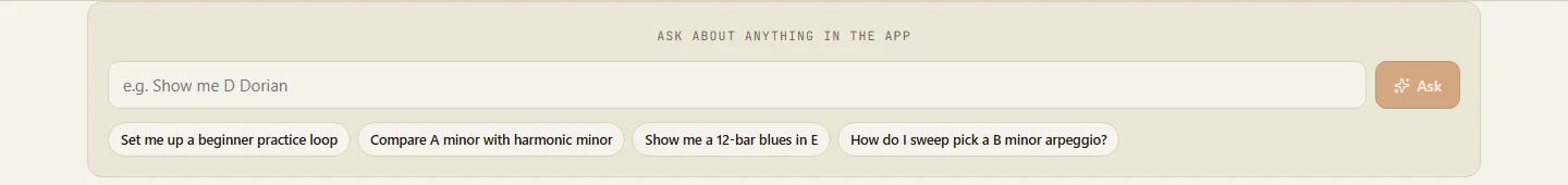 The Ask input with suggested questions like 'Compare A minor with harmonic minor' and 'How do I sweep pick a B minor arpeggio?'